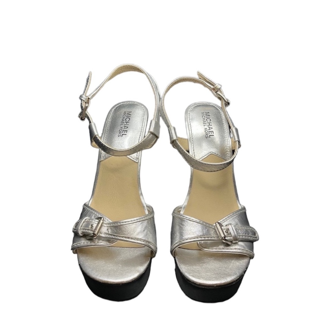Michael kors retro platform leather silver metallic black wooden 5.5” heels 7.5